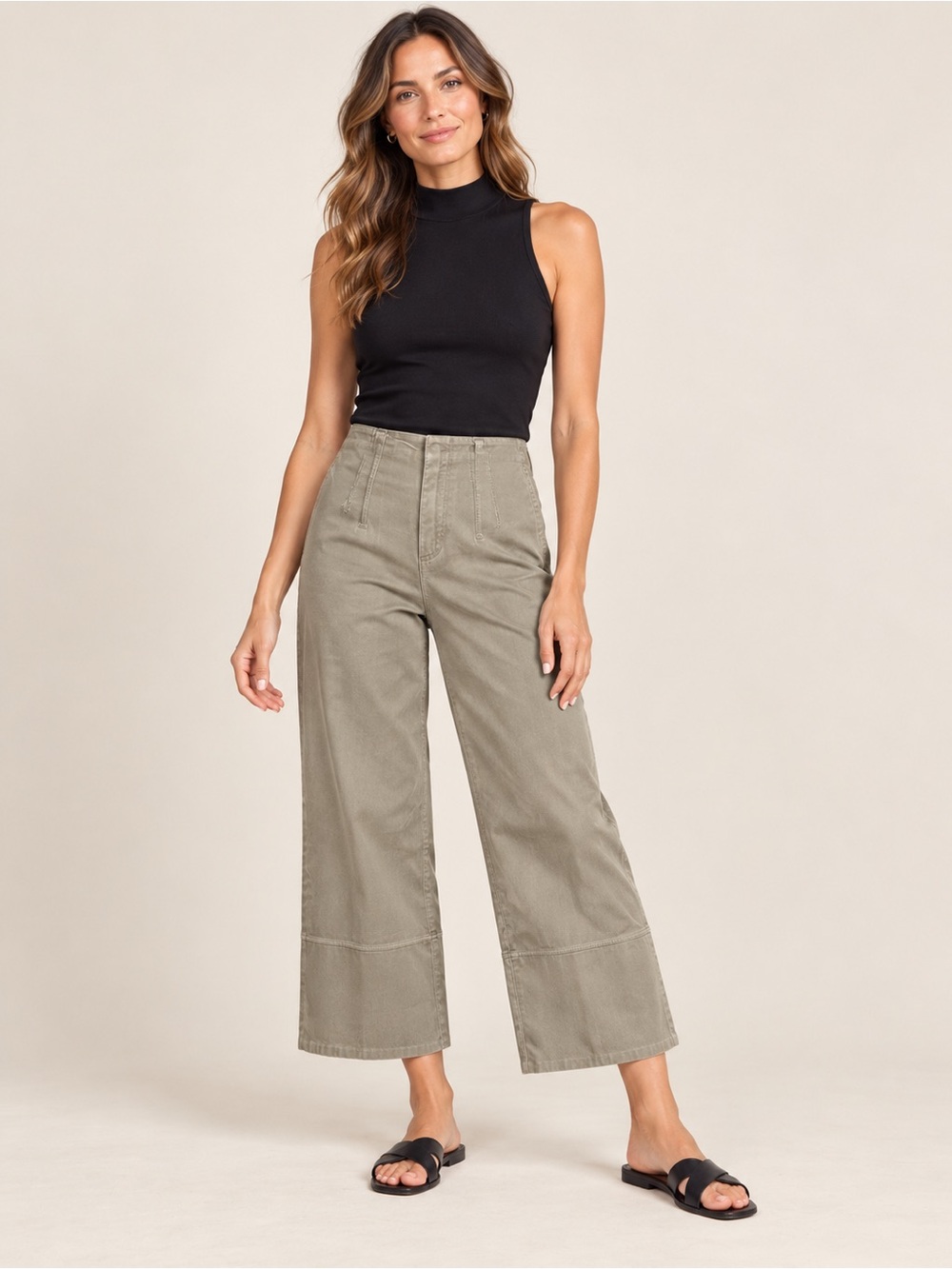 SPANX Stretch Twill Wide Leg Crop Pants Tuscan Olive XS